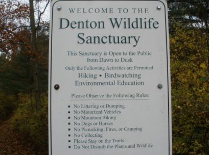 [Photo: The entrance sign explains how you can help protect this special area.]
Along the Hudson
During spring migration, a drive along the River Road section of the sanctuary will afford opportunities to see many species of waterfowl; over a dozen species have been recorded in this section of the river. Yellow-throated Vireos, Blue-gray Gnatcatchers, and several warbler species have been seen as well. Woodpeckers love this section, as there are many dead trees to provide food for their young. The small pond on the right as you head north nearly always has Wood Duck, Great Blue Heron, and Belted Kingfisher, and often Green Heron can be found as well.

We know this location hosts many species not yet observed, so if you have any additions to this list, please send us the species name, your name, and the date the bird was observed.